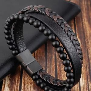 Men's Tri Strand Natural Matte Onyx Stone Bead Braided Woven Leather Bracelet